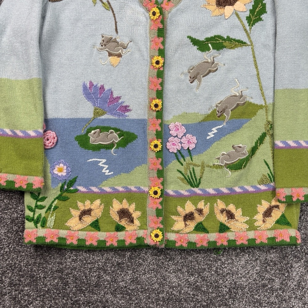 Vintage Storybook Knits Cardigan Sweater Size Medium Floral Rat Mouse Nature - Picture 5 of 11